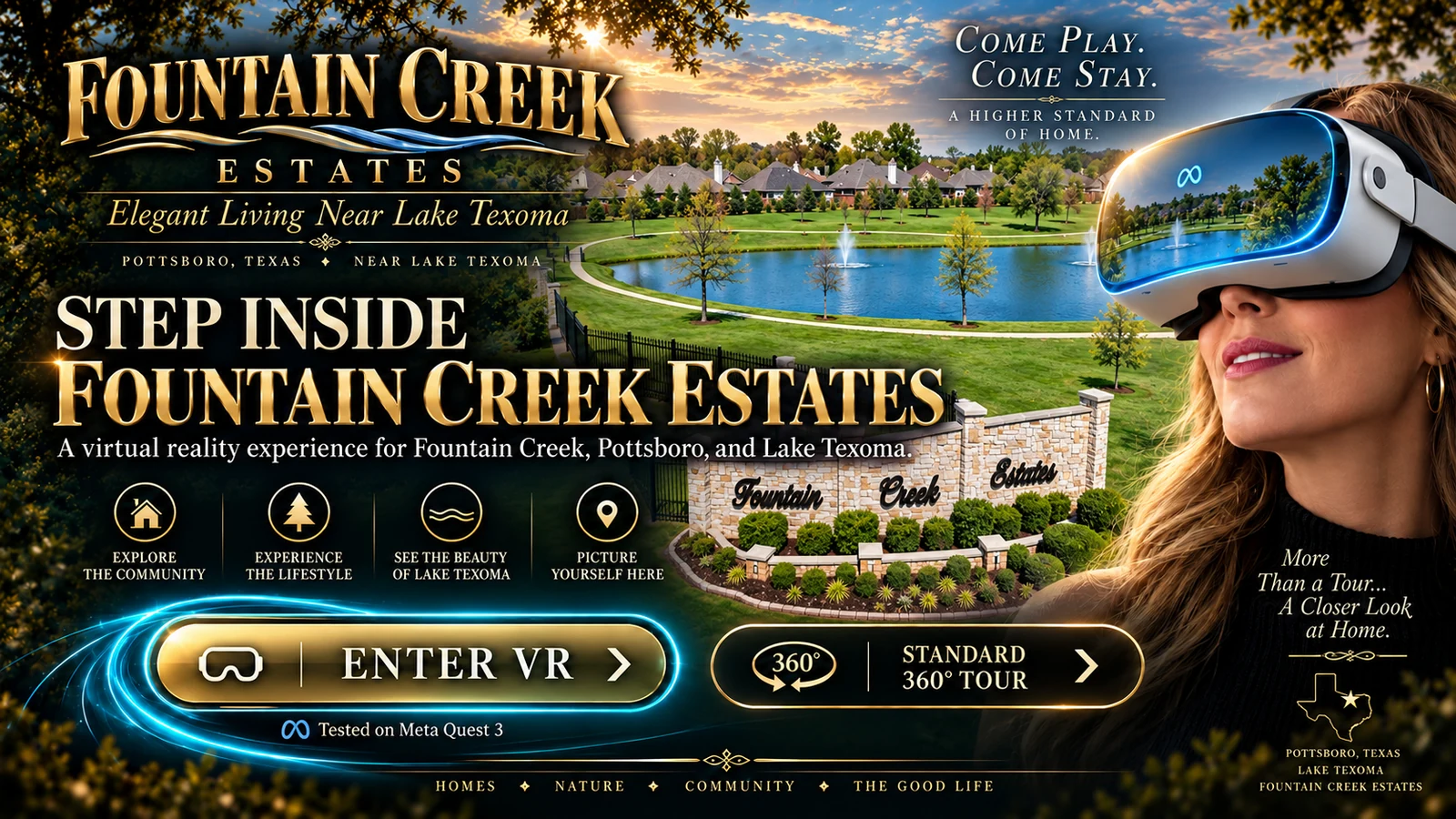 Branded Fountain Creek artwork featuring a headset-wearing Stacey illustration, the pond and community entrance